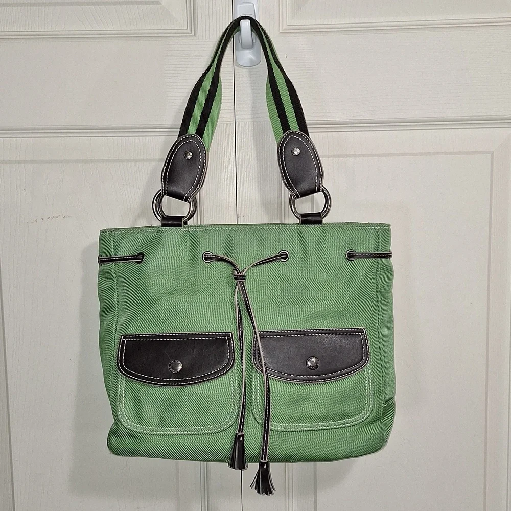 Vintage Tommy Hilfiger canvas handbag purse - green/brown leather - Picture 1 of 16